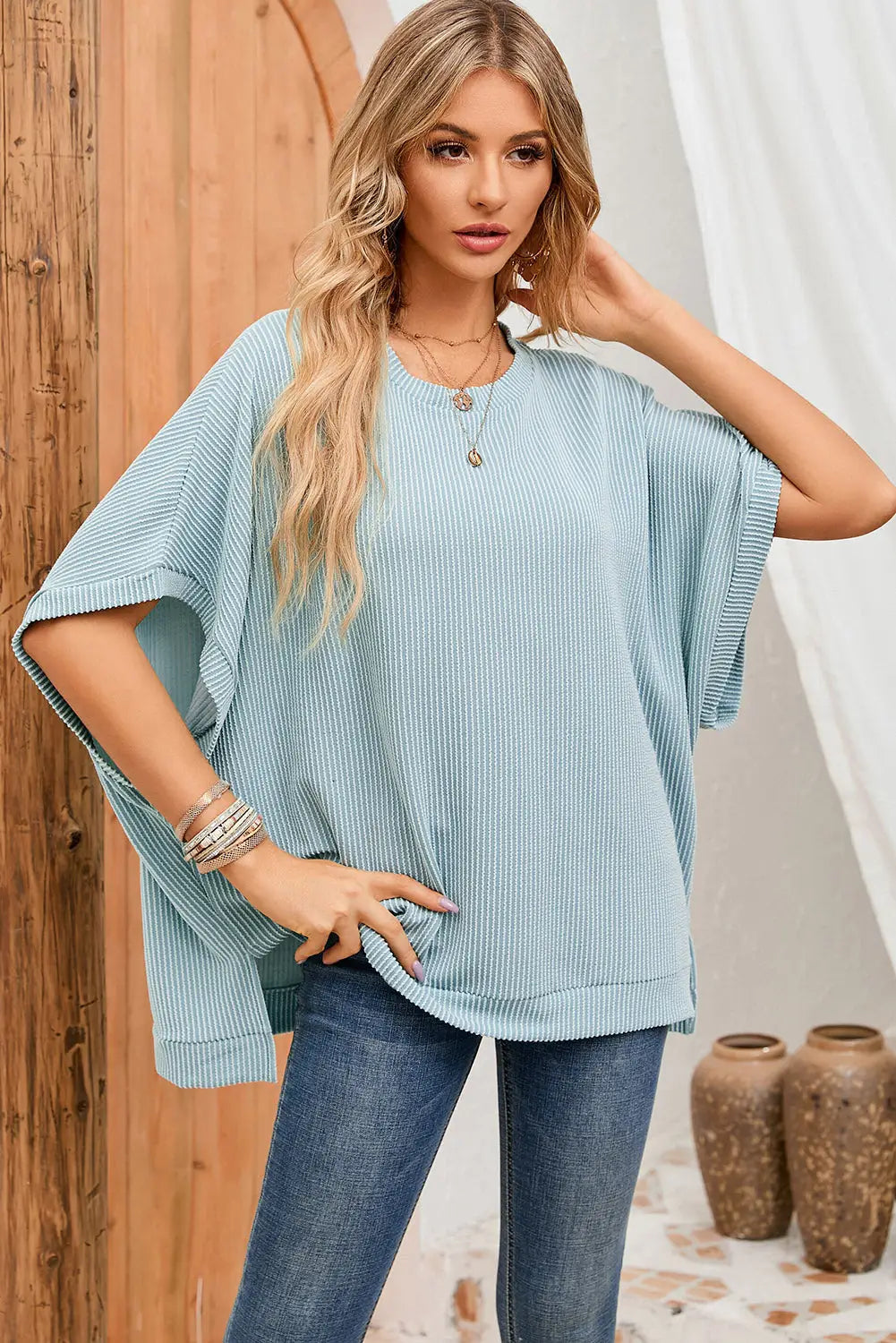 Apricot Ribbed Knit Batwing Sleeve Tunic Oversized T Shirt-13