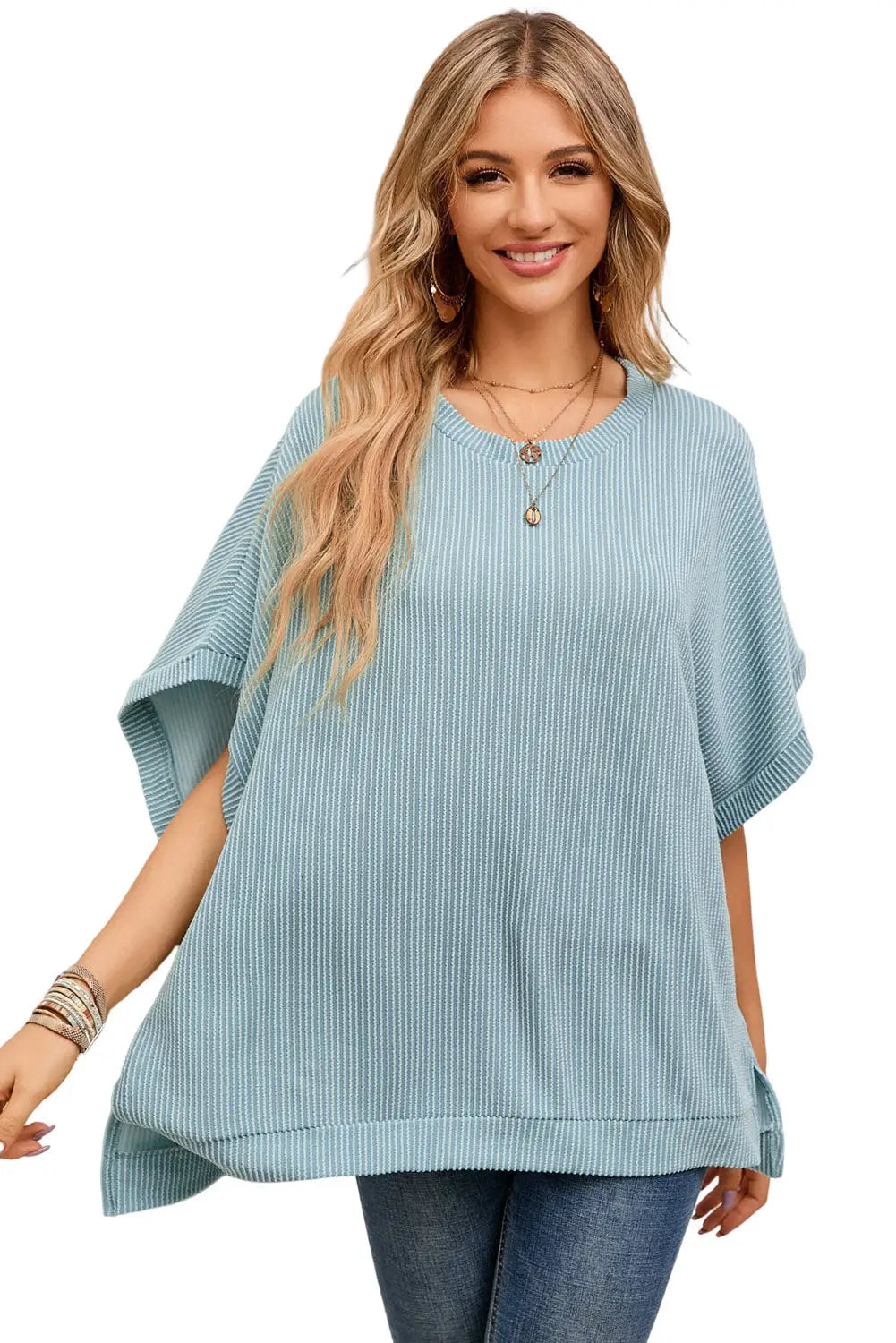 Apricot Ribbed Knit Batwing Sleeve Tunic Oversized T Shirt-28