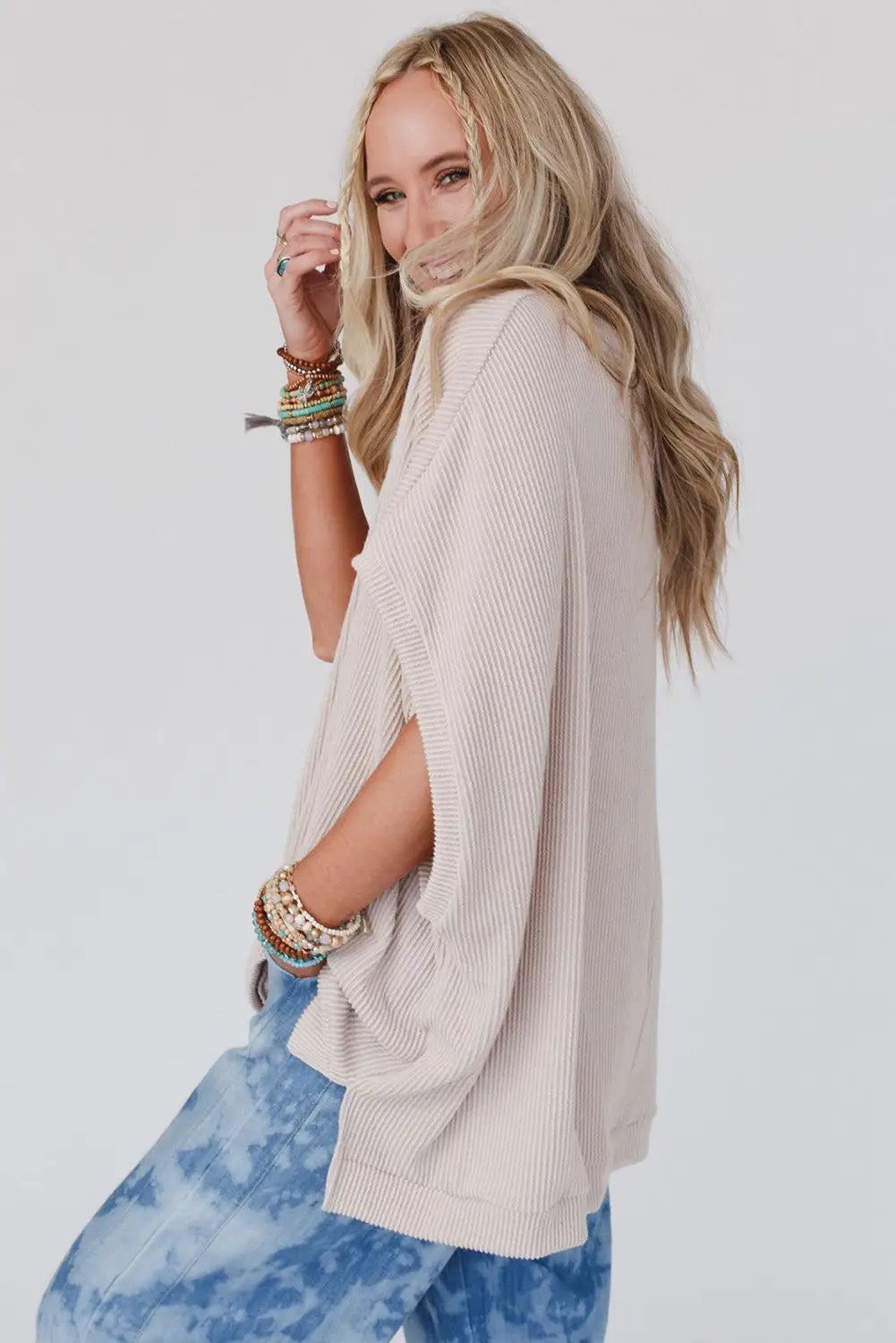 Apricot Ribbed Knit Batwing Sleeve Tunic Oversized T Shirt-7