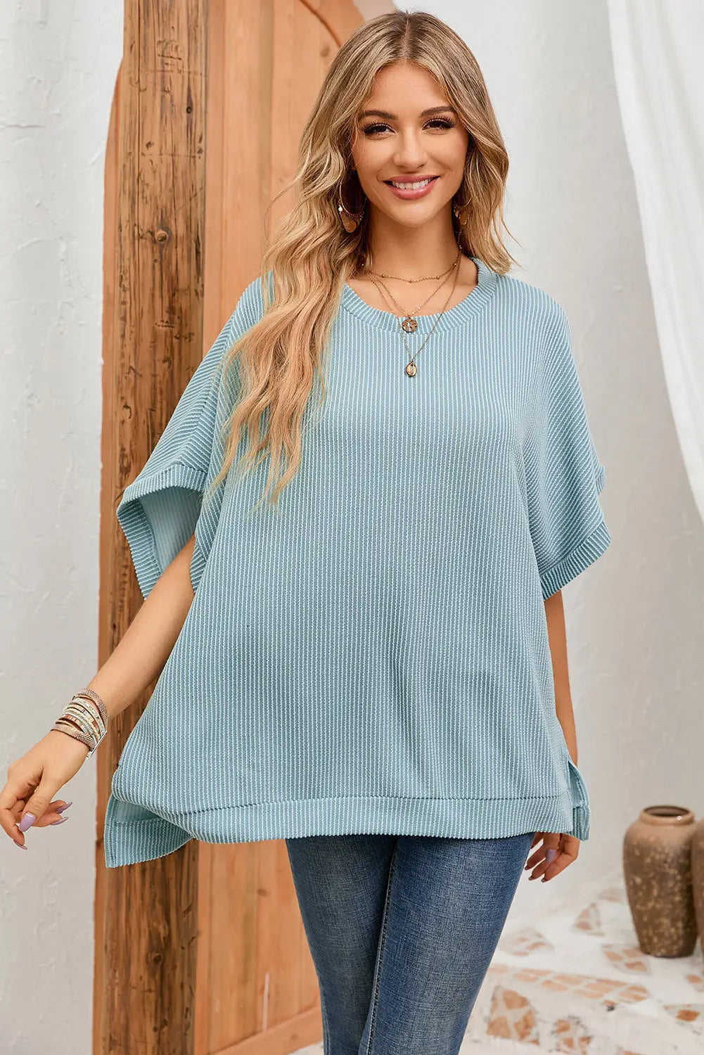 Apricot Ribbed Knit Batwing Sleeve Tunic Oversized T Shirt-15