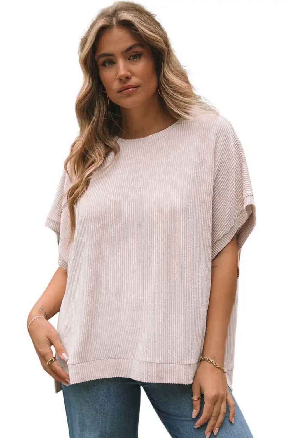 Apricot Ribbed Knit Batwing Sleeve Tunic Oversized T Shirt-12