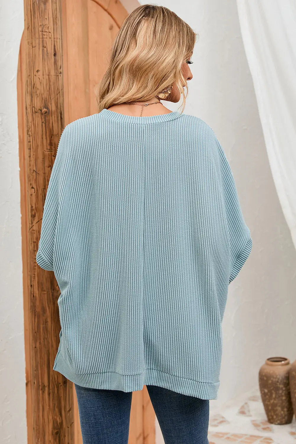 Apricot Ribbed Knit Batwing Sleeve Tunic Oversized T Shirt-14