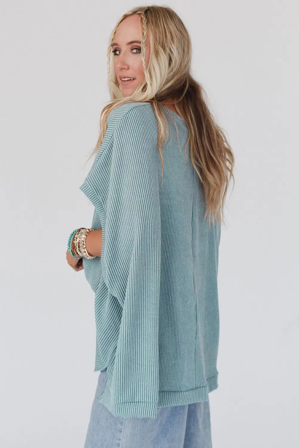 Apricot Ribbed Knit Batwing Sleeve Tunic Oversized T Shirt-20