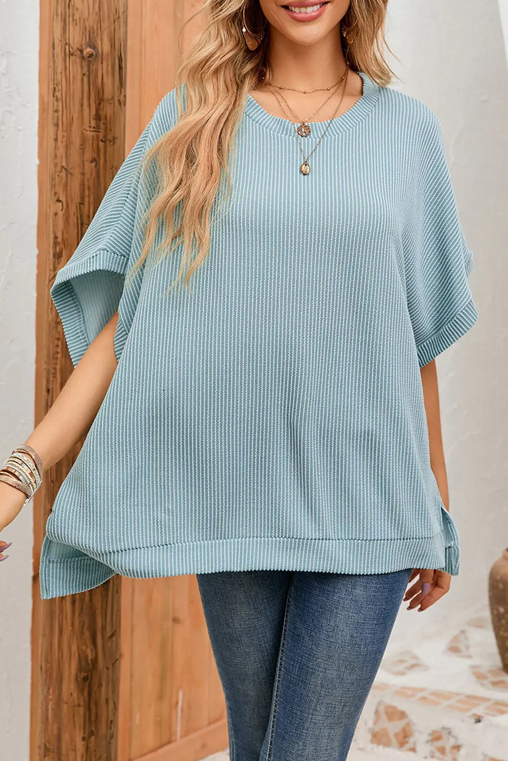 Apricot Ribbed Knit Batwing Sleeve Tunic Oversized T Shirt-18