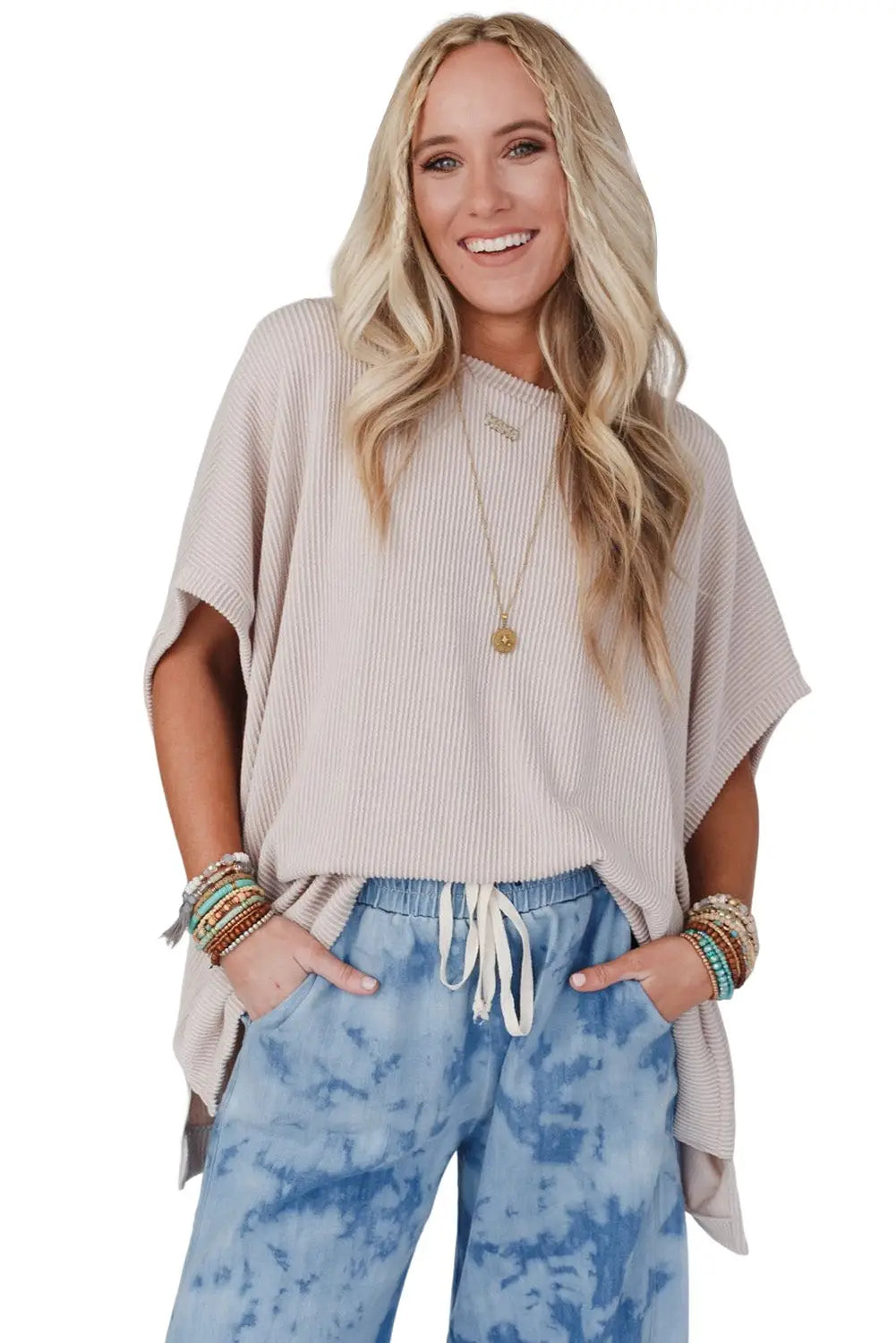 Apricot Ribbed Knit Batwing Sleeve Tunic Oversized T Shirt-11