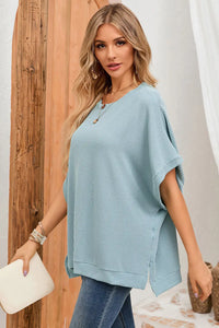 Thumbnail for Apricot Ribbed Knit Batwing Sleeve Tunic Oversized T Shirt-16