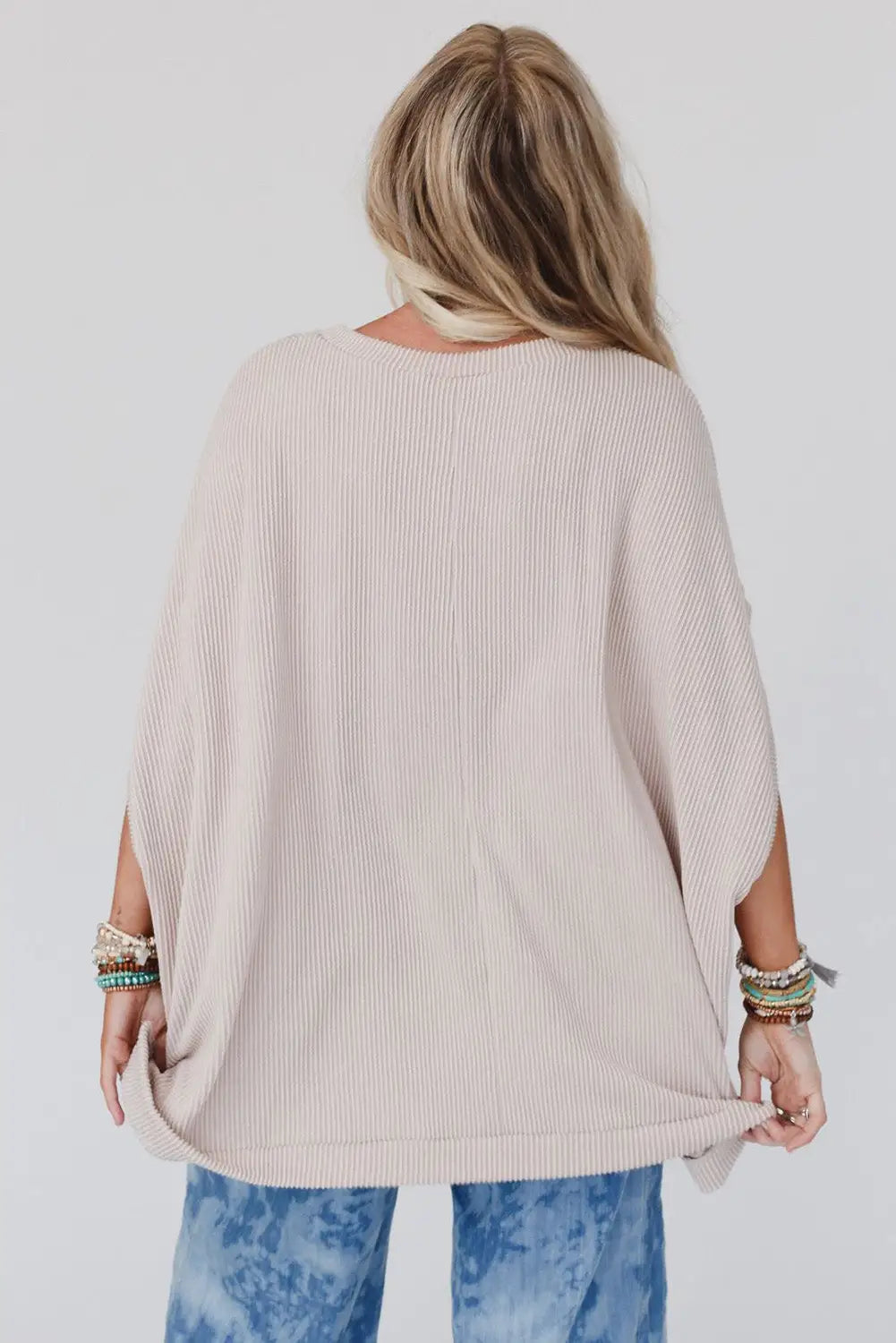 Apricot Ribbed Knit Batwing Sleeve Tunic Oversized T Shirt-6