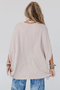 Thumbnail for Apricot Ribbed Knit Batwing Sleeve Tunic Oversized T Shirt-6