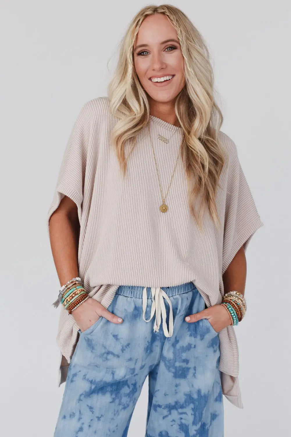 Apricot Ribbed Knit Batwing Sleeve Tunic Oversized T Shirt-8