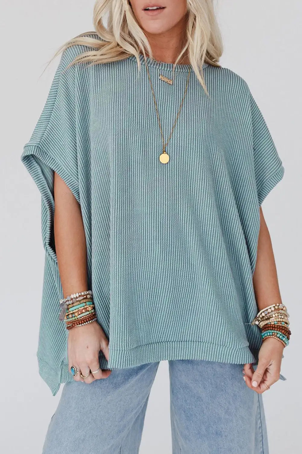 Apricot Ribbed Knit Batwing Sleeve Tunic Oversized T Shirt-19