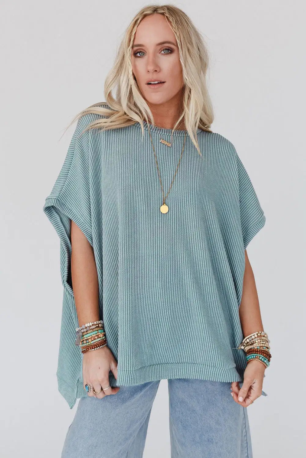 Apricot Ribbed Knit Batwing Sleeve Tunic Oversized T Shirt-26