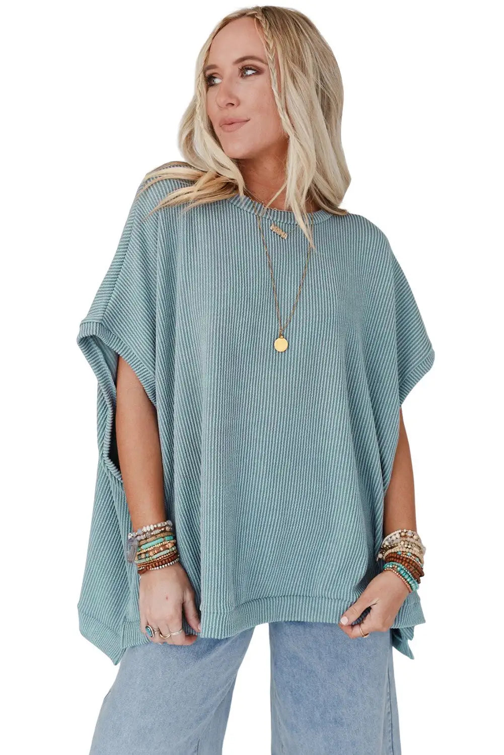 Apricot Ribbed Knit Batwing Sleeve Tunic Oversized T Shirt-27