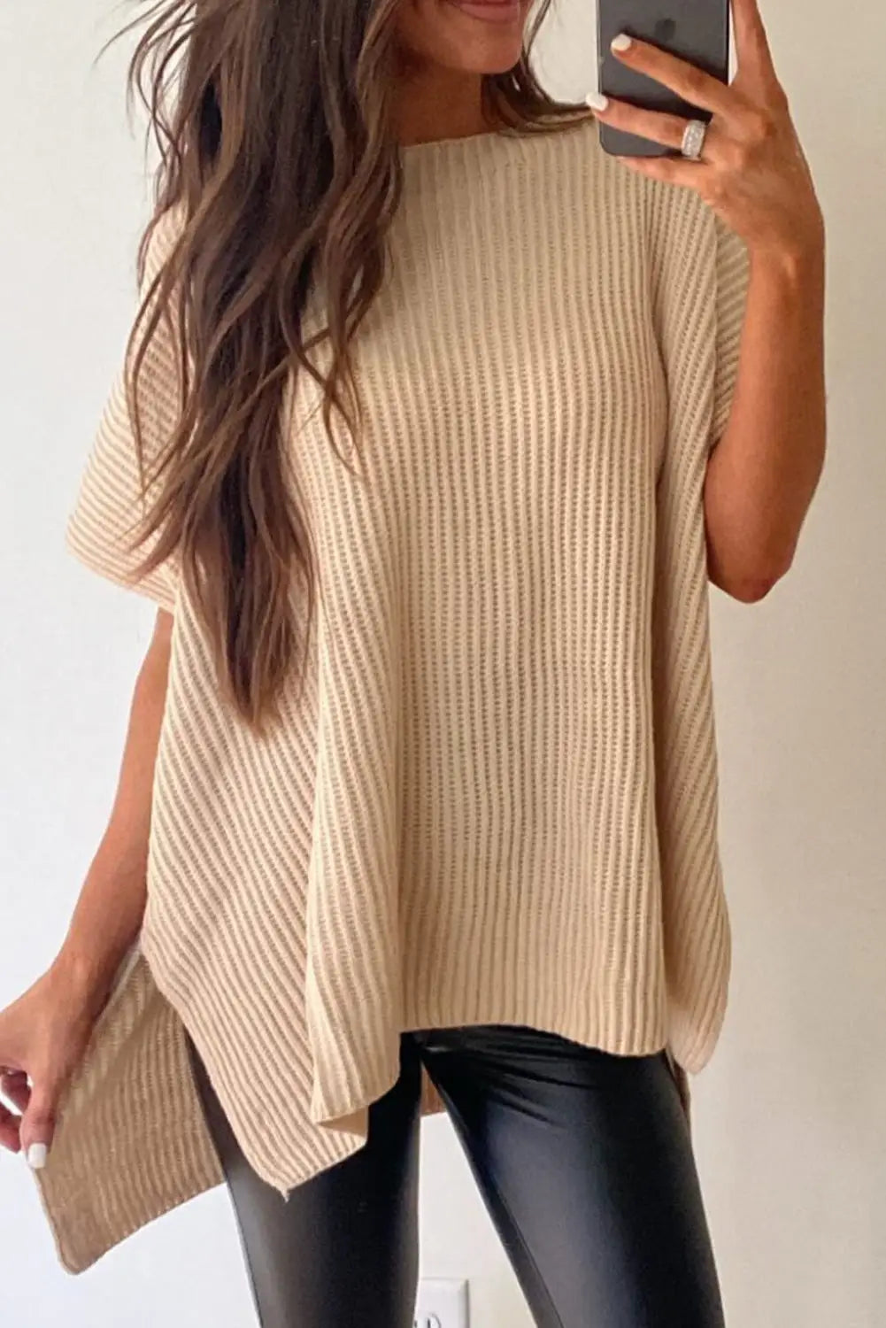 Apricot Short Sleeve Side Slit Oversized Sweater-0