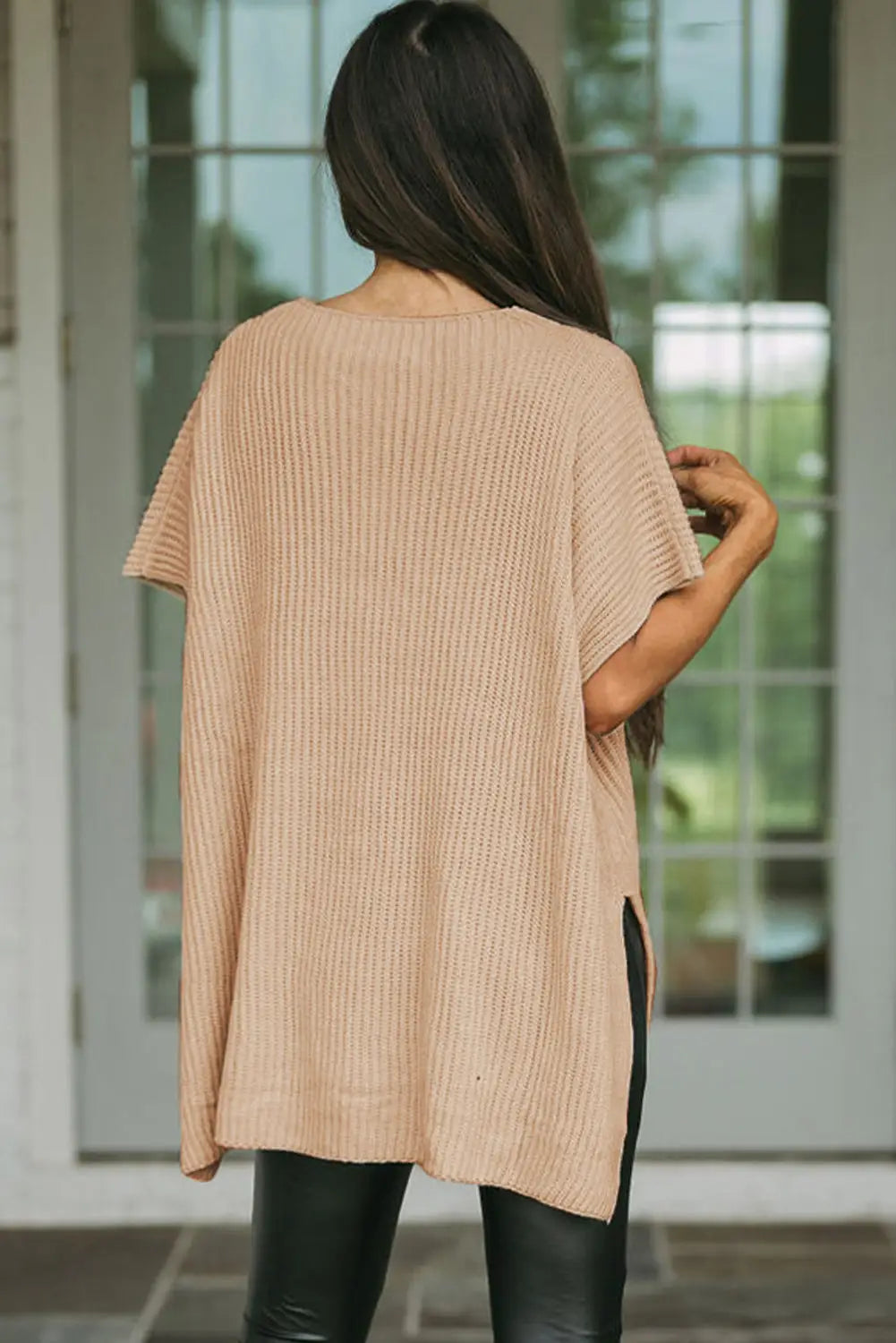 Apricot Short Sleeve Side Slit Oversized Sweater-1
