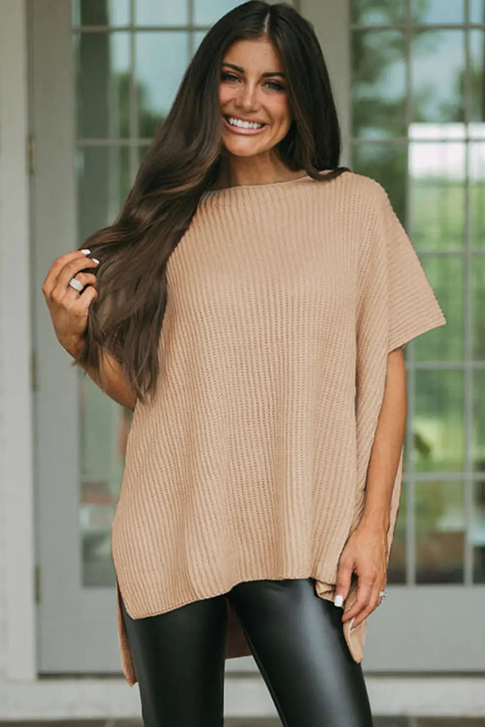 Apricot Short Sleeve Side Slit Oversized Sweater-3