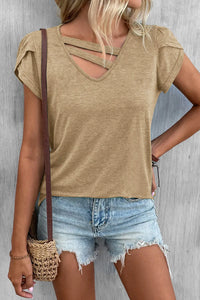 Thumbnail for Apricot Strappy V Neck Overlap Short Sleeve Top-1