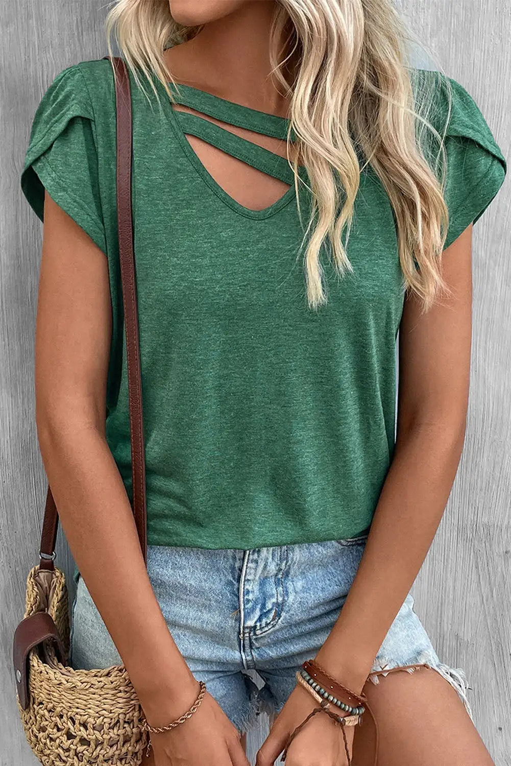 Apricot Strappy V Neck Overlap Short Sleeve Top-14