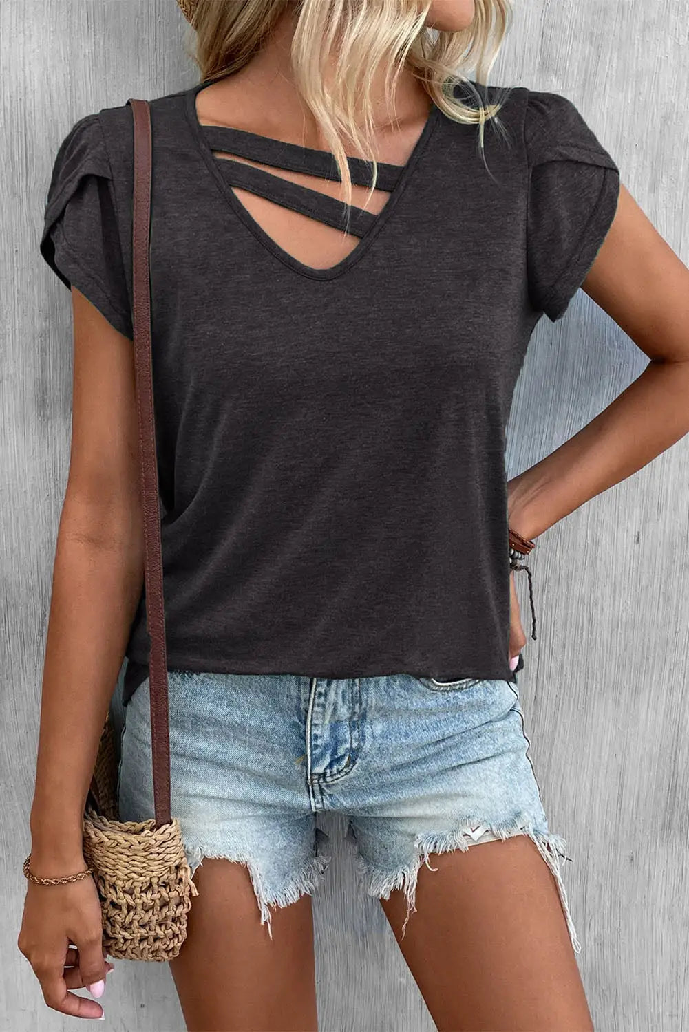 Apricot Strappy V Neck Overlap Short Sleeve Top-34