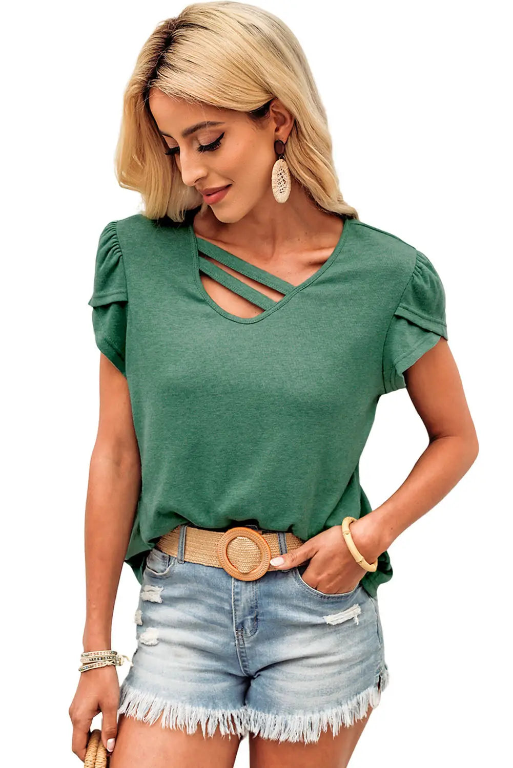 Apricot Strappy V Neck Overlap Short Sleeve Top-18