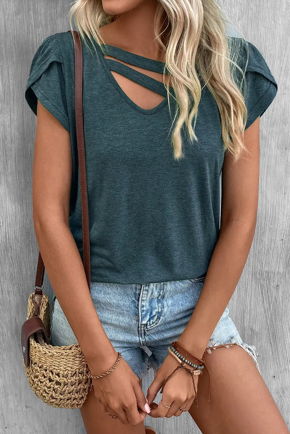 Apricot Strappy V Neck Overlap Short Sleeve Top-4