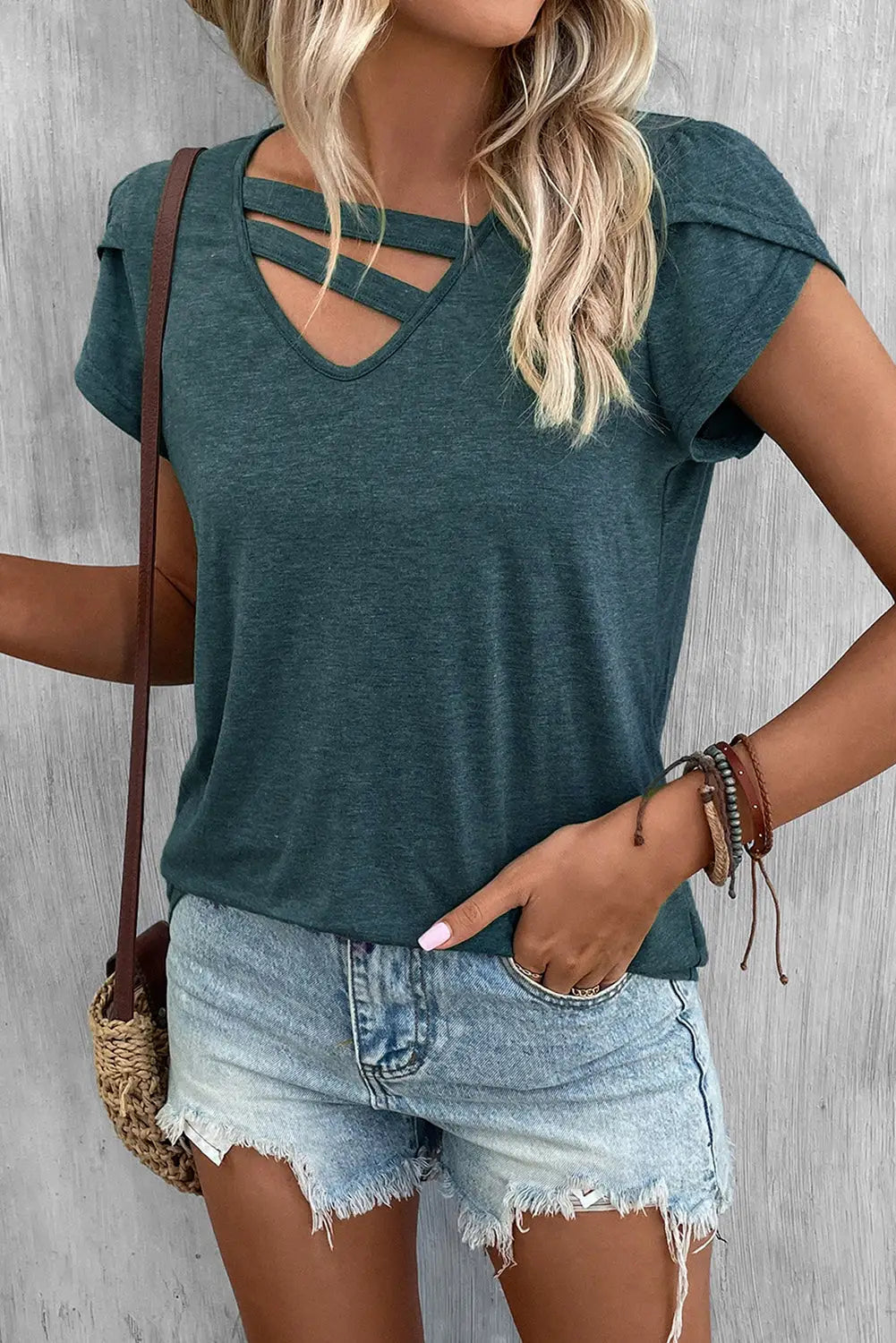 Apricot Strappy V Neck Overlap Short Sleeve Top-7