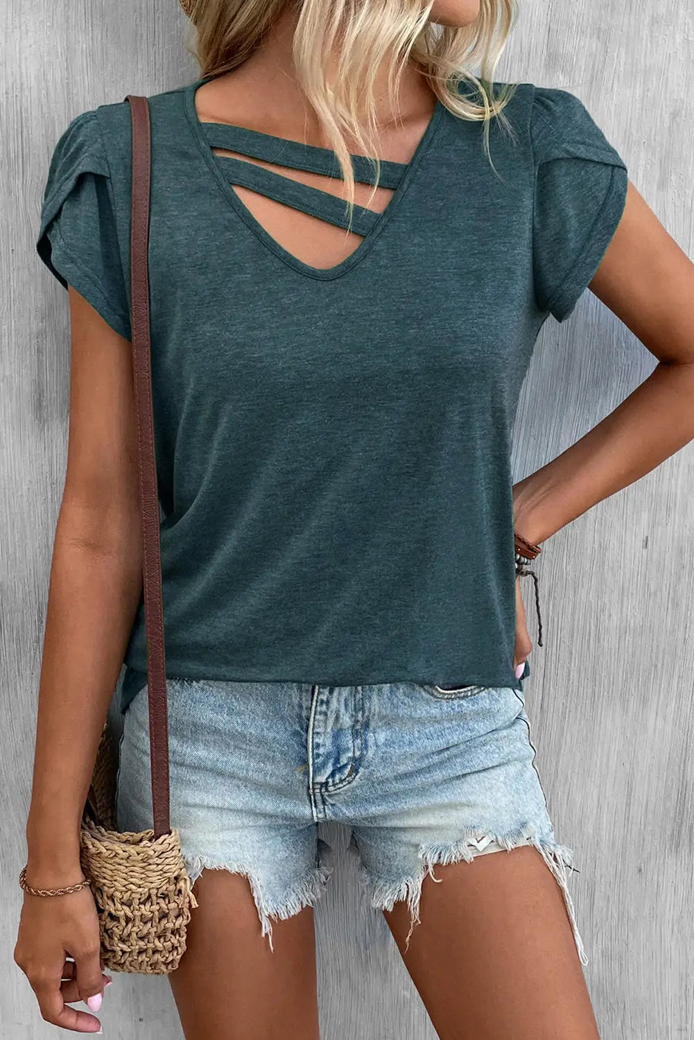 Apricot Strappy V Neck Overlap Short Sleeve Top-6