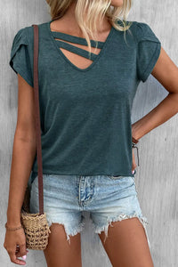 Thumbnail for Apricot Strappy V Neck Overlap Short Sleeve Top-6