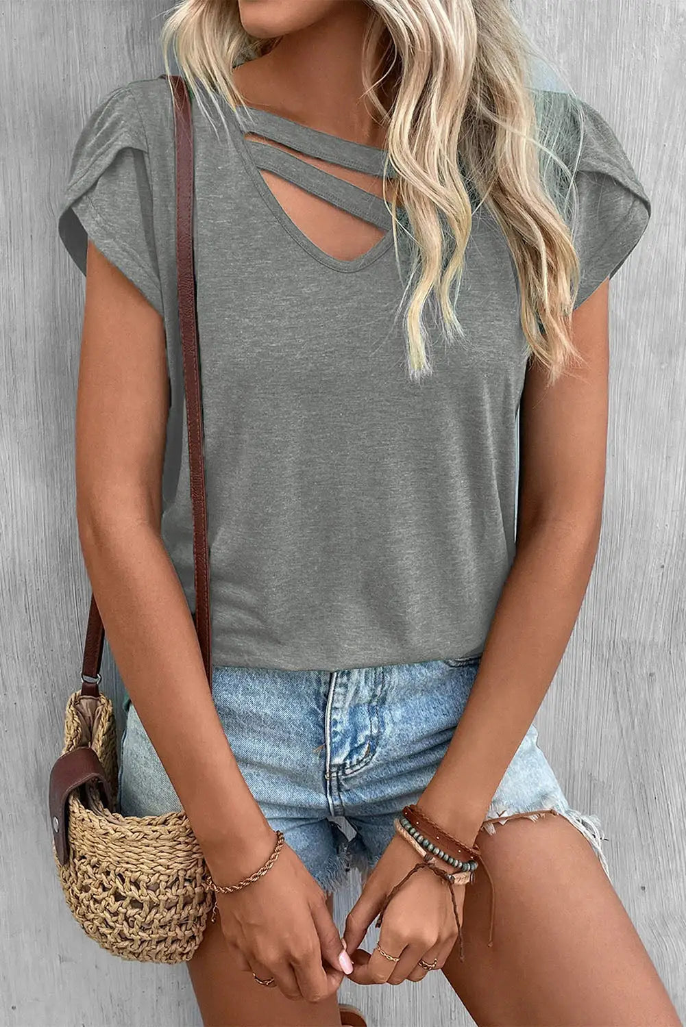 Apricot Strappy V Neck Overlap Short Sleeve Top-19