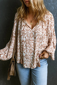 Thumbnail for Apricot Western Print Balloon Sleeve Tassel Blouse-0