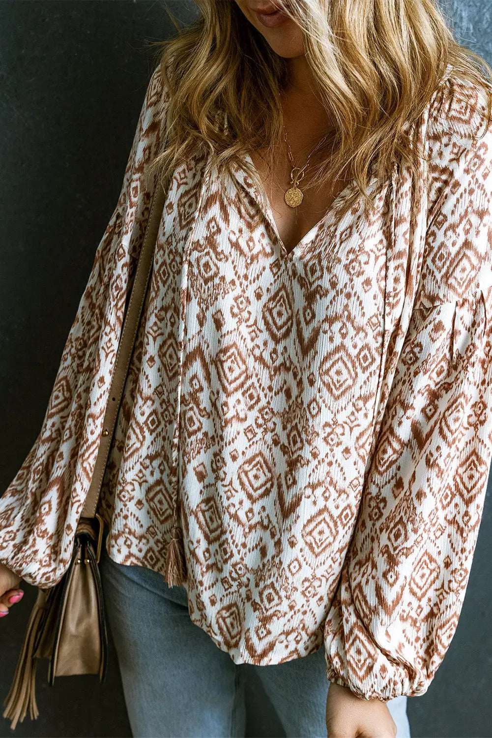 Apricot Western Print Balloon Sleeve Tassel Blouse-4