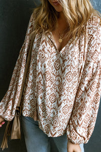 Thumbnail for Apricot Western Print Balloon Sleeve Tassel Blouse-4