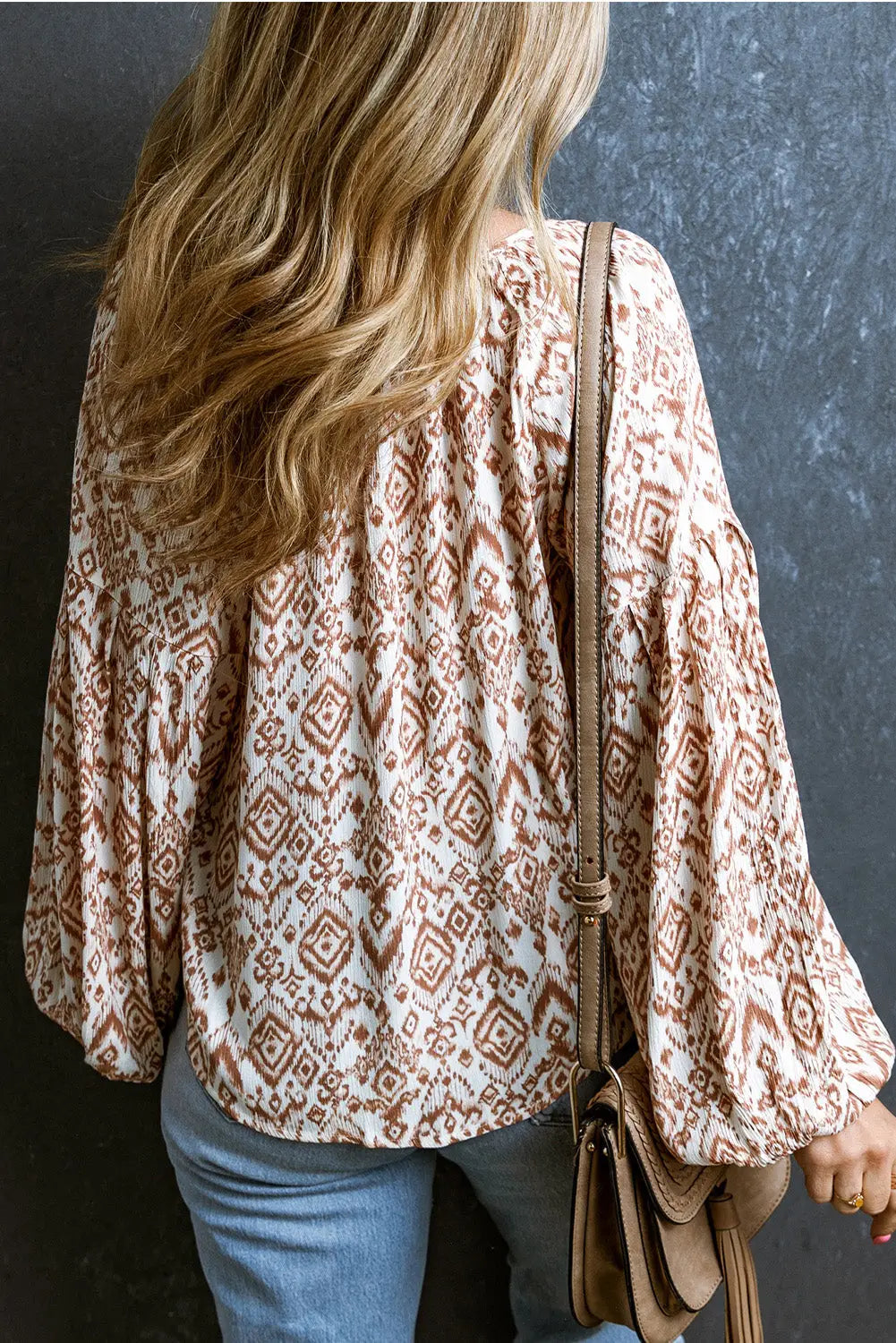 Apricot Western Print Balloon Sleeve Tassel Blouse-1