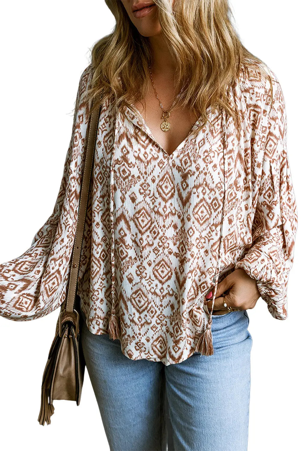 Apricot Western Print Balloon Sleeve Tassel Blouse-5