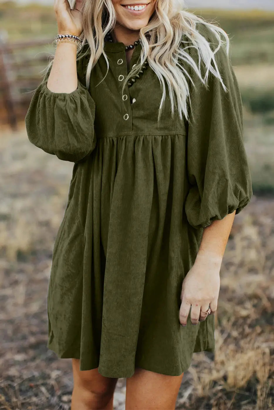 Autumn Empire Corduroy Dress - Vineyard Green-0