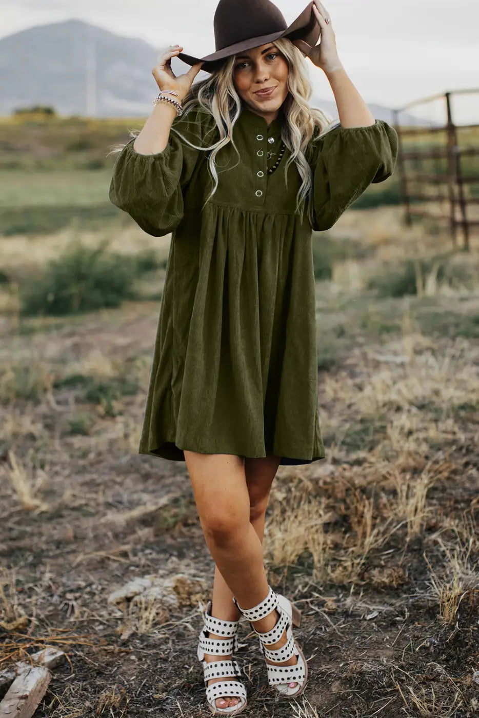 Autumn Empire Corduroy Dress - Vineyard Green-3