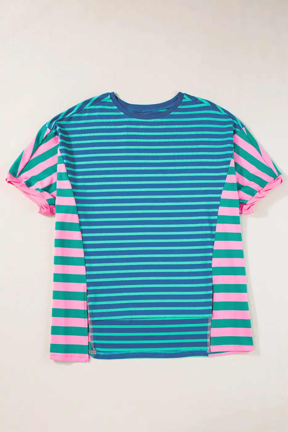 Baggy T-Shirt - Blue Stripe Color-block Patchwork-4