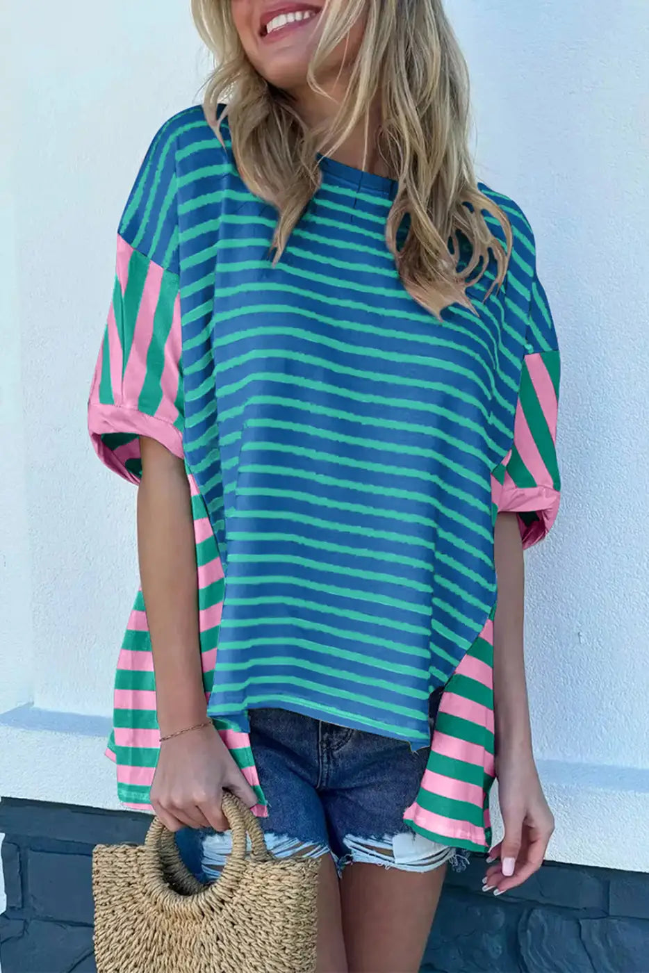 Baggy T-Shirt - Blue Stripe Color-block Patchwork-0