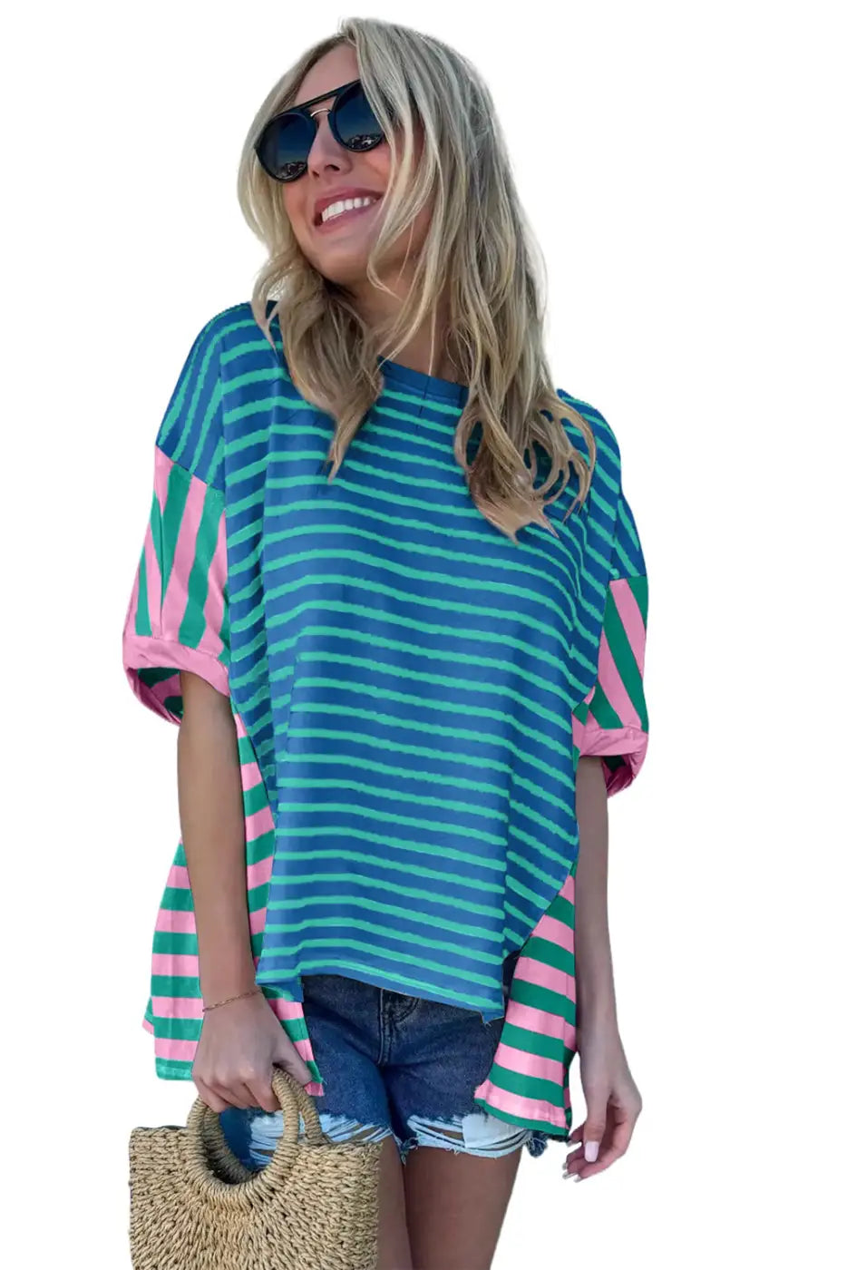 Baggy T-Shirt - Blue Stripe Color-block Patchwork-3