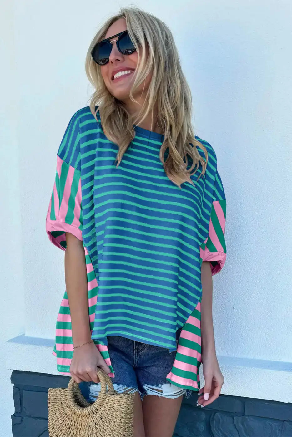 Baggy T-Shirt - Blue Stripe Color-block Patchwork-2