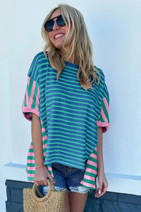 Thumbnail for Baggy T-Shirt - Blue Stripe Color-block Patchwork-2