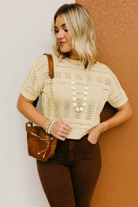 Thumbnail for Beige Knitted Hollow out Short Sleeve Crop Sweater-4