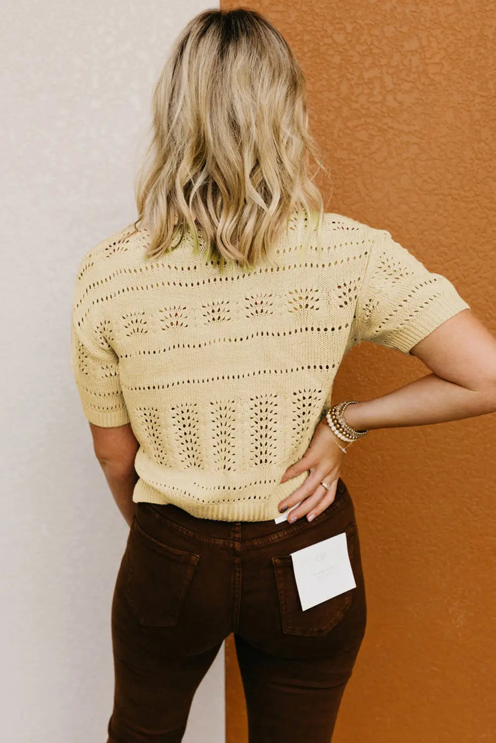 Beige Knitted Hollow out Short Sleeve Crop Sweater-1