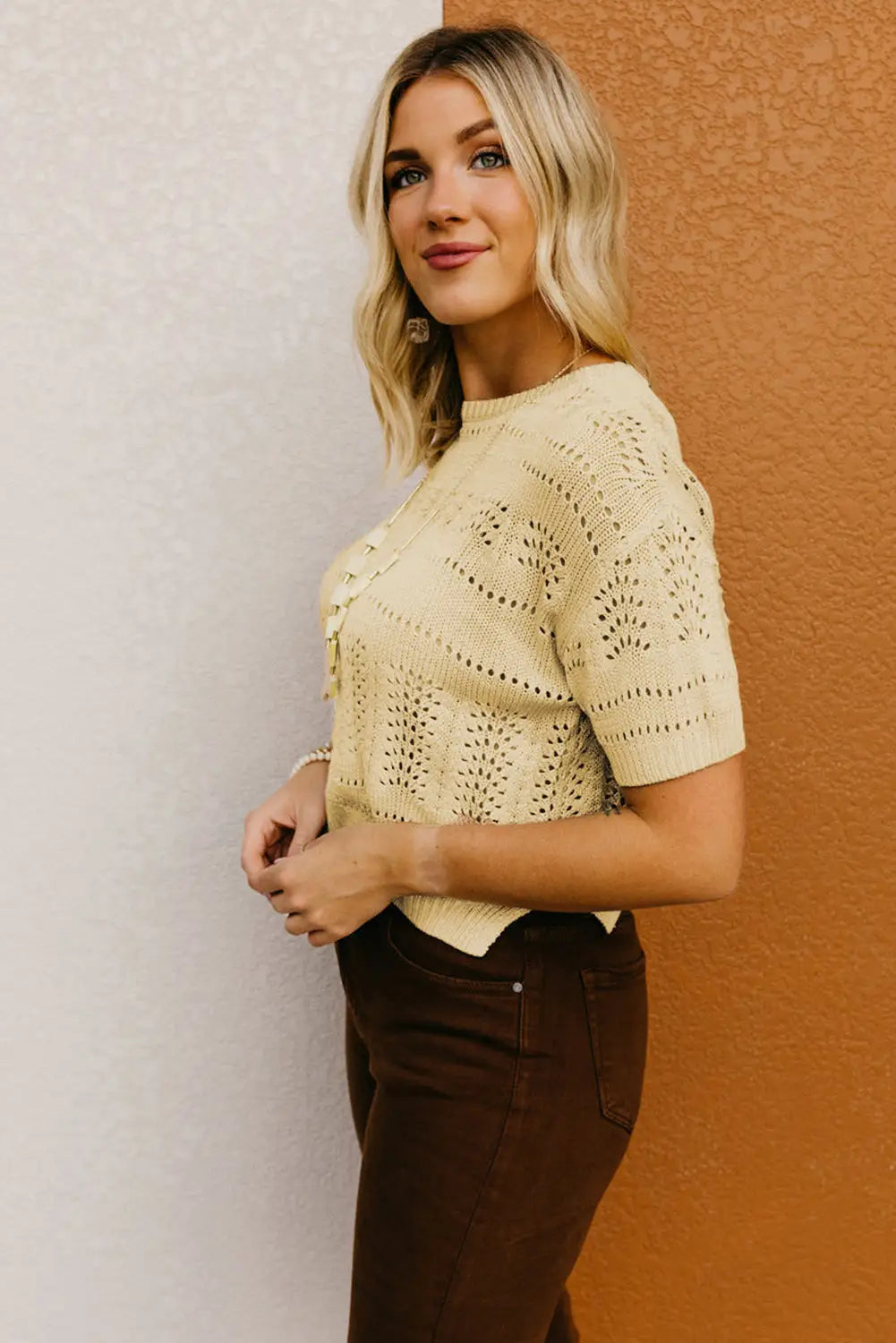 Beige Knitted Hollow out Short Sleeve Crop Sweater-2