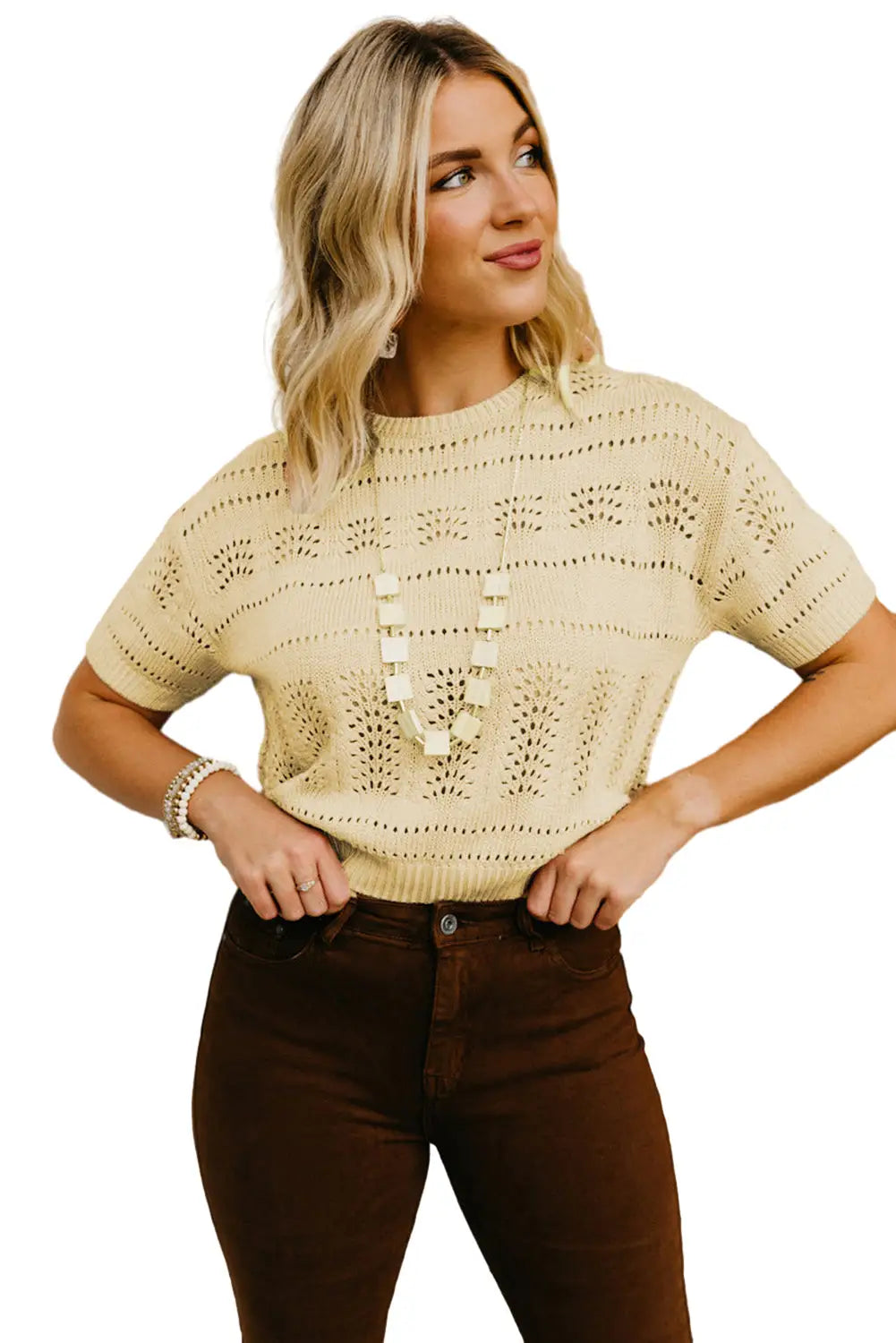 Beige Knitted Hollow out Short Sleeve Crop Sweater-7