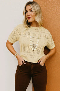 Thumbnail for Beige Knitted Hollow out Short Sleeve Crop Sweater-5