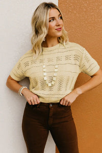 Thumbnail for Beige Knitted Hollow out Short Sleeve Crop Sweater-6