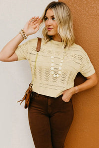 Thumbnail for Beige Knitted Hollow out Short Sleeve Crop Sweater-3