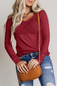 Thumbnail for Beige Lace Crochet V Neck Long Sleeve Top-44