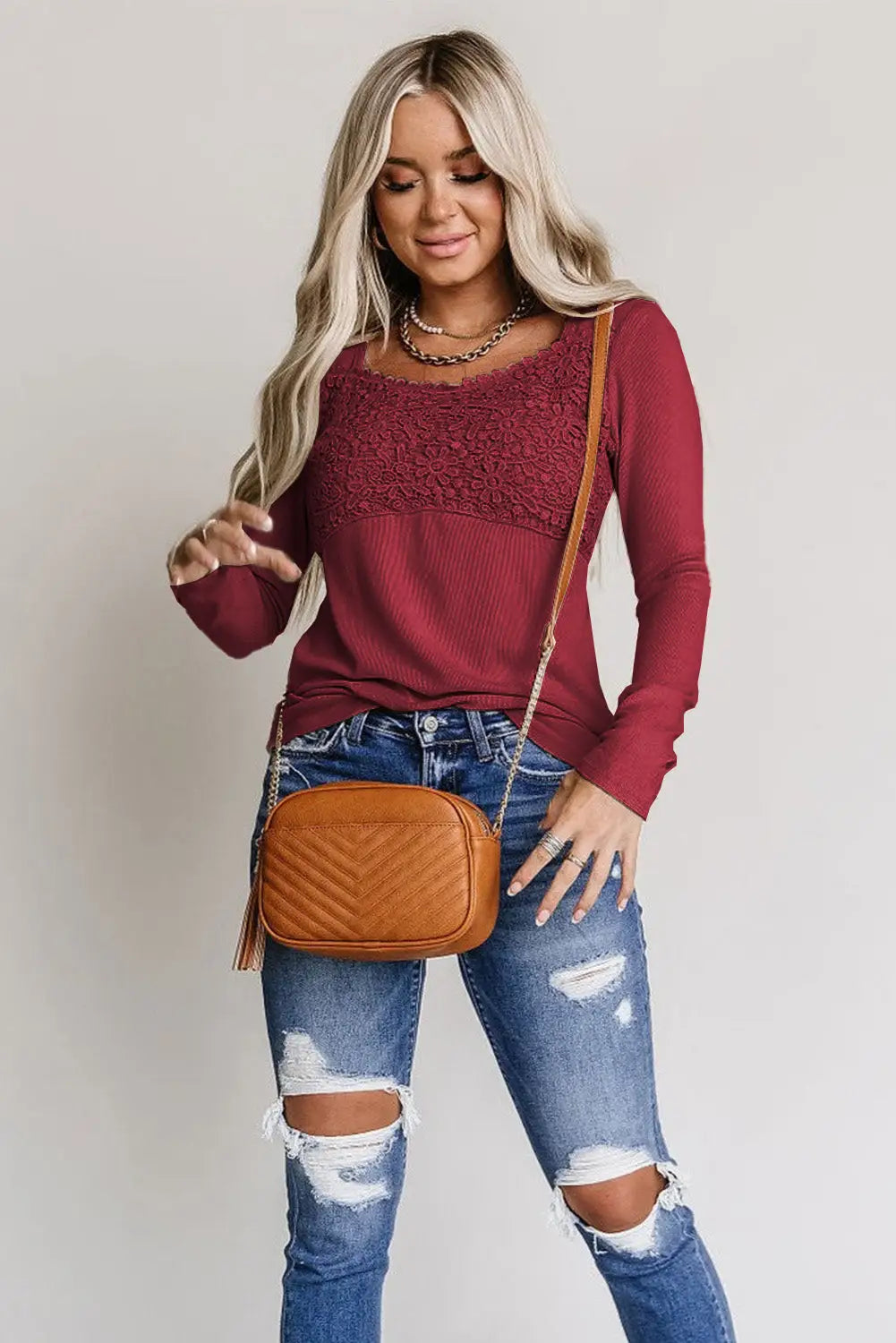 Beige Lace Crochet V Neck Long Sleeve Top-49