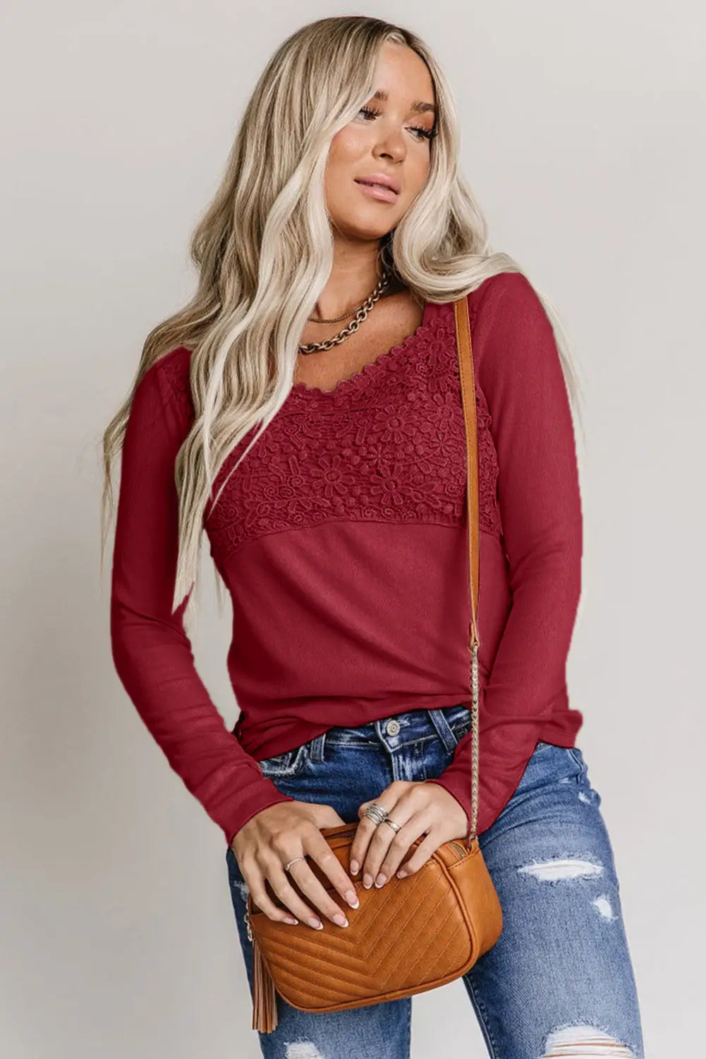 Beige Lace Crochet V Neck Long Sleeve Top-47